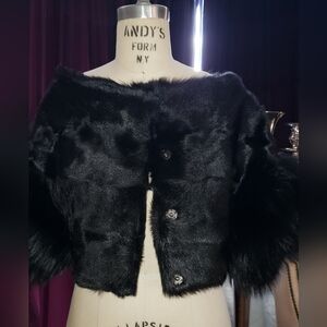 Jet black crop bolero soft goat hair with Finland Fox kimono sleeves jacket